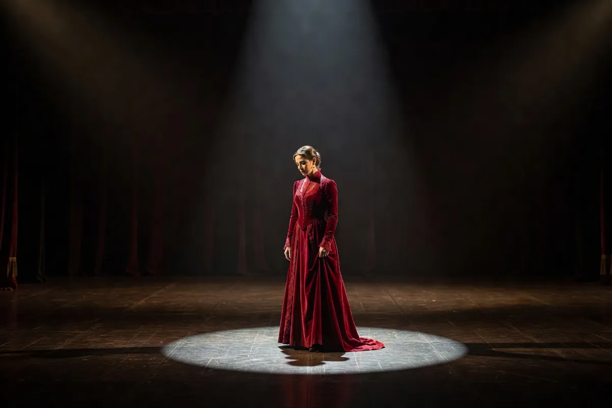 Comédienne en robe d'époque seule sur une scène sombre sous un projecteur