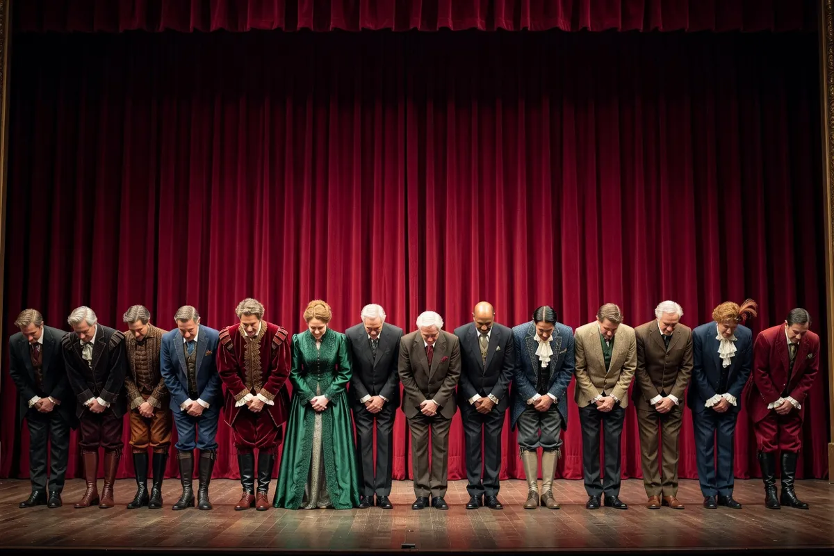 Comédiens en costumes saluant devant un rideau rouge sur une scène de théâtre