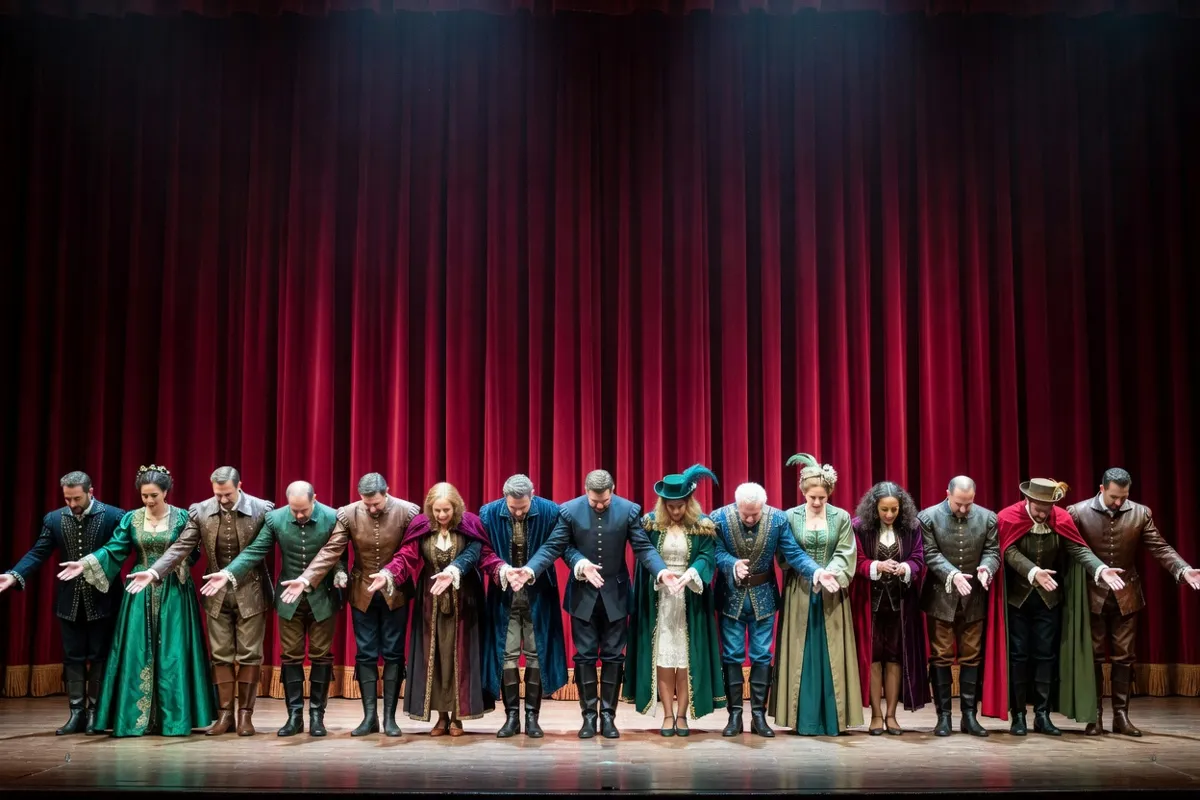 Comédiens en costumes saluant devant un rideau rouge sur une scène de théâtre