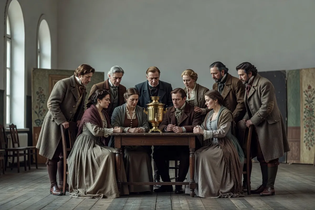 Comédiens en costumes du XIXe siècle autour d'un samovar sur une scène de théâtre