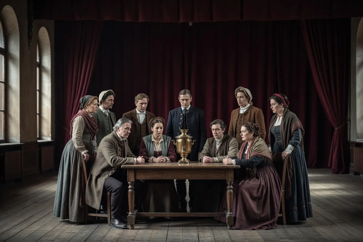Comédiens en costumes du XIXe siècle autour d'un samovar sur une scène de théâtre
