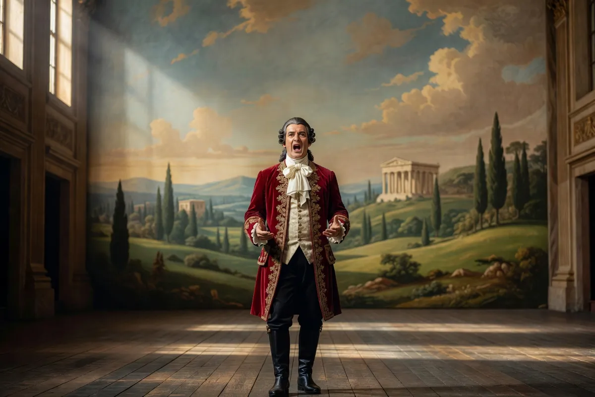 Chanteur d'opéra en costume historique sur une scène au décor peint