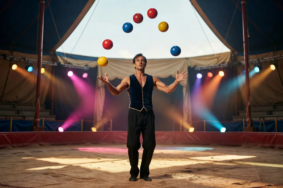 Jongleur sur la piste d'un cirque aux lumières colorées
