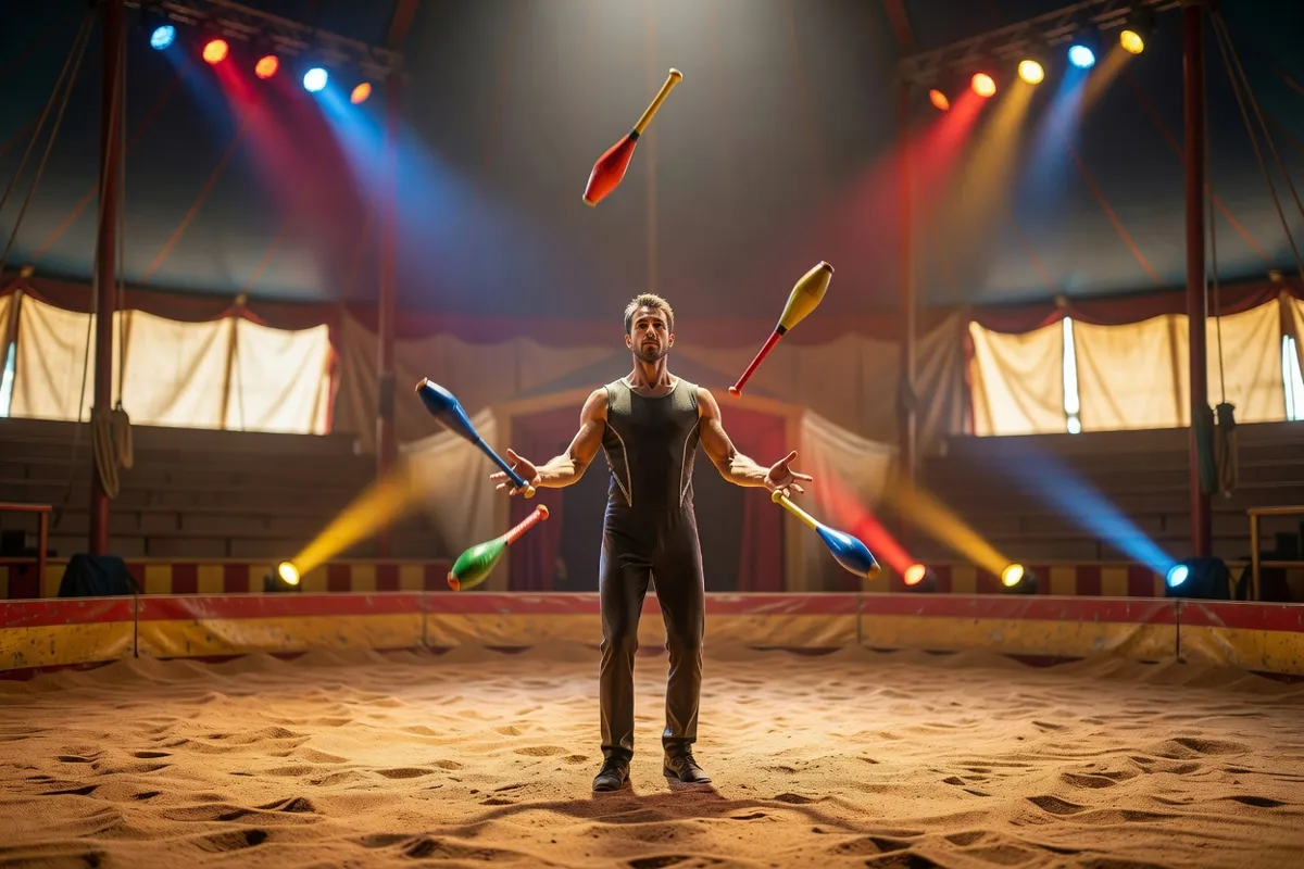 Jongleur sur la piste d'un cirque aux lumières colorées