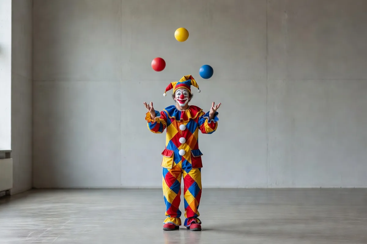 Clown en costume coloré jonglant dans une salle simple