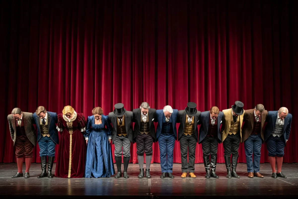 Comédiens en costumes saluant devant un rideau rouge sur une scène de théâtre