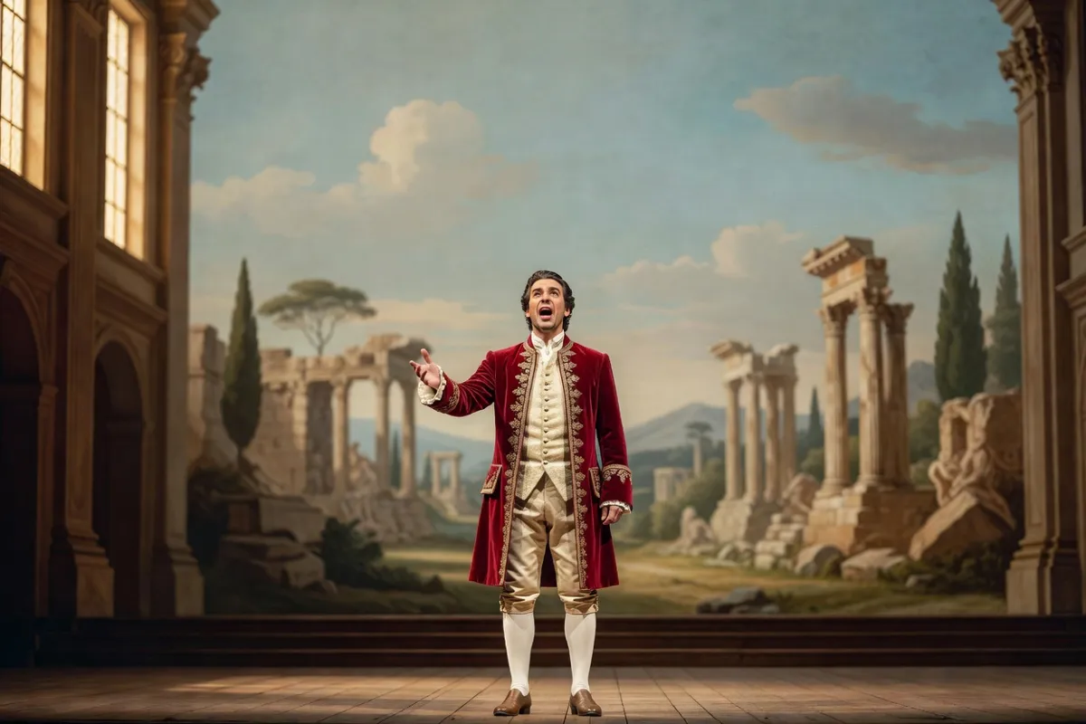 Chanteur d'opéra en costume historique sur une scène au décor peint