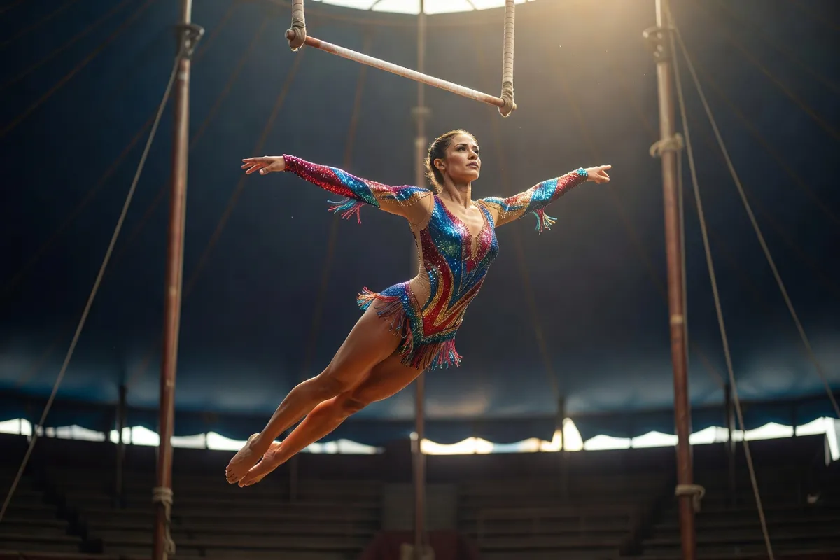 Acrobate en costume coloré sur un trapèze sous un chapiteau