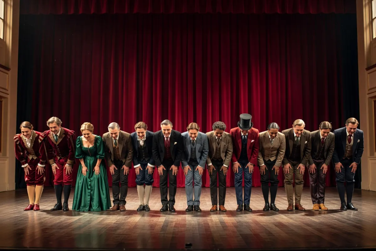 Comédiens en costumes saluant devant un rideau rouge sur une scène de théâtre
