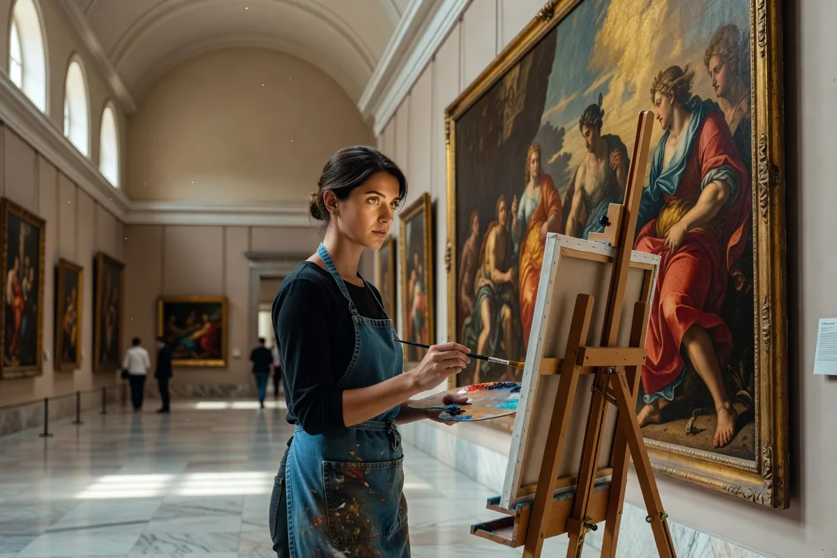 Étudiante en art copiant un tableau dans un musée devant son chevalet