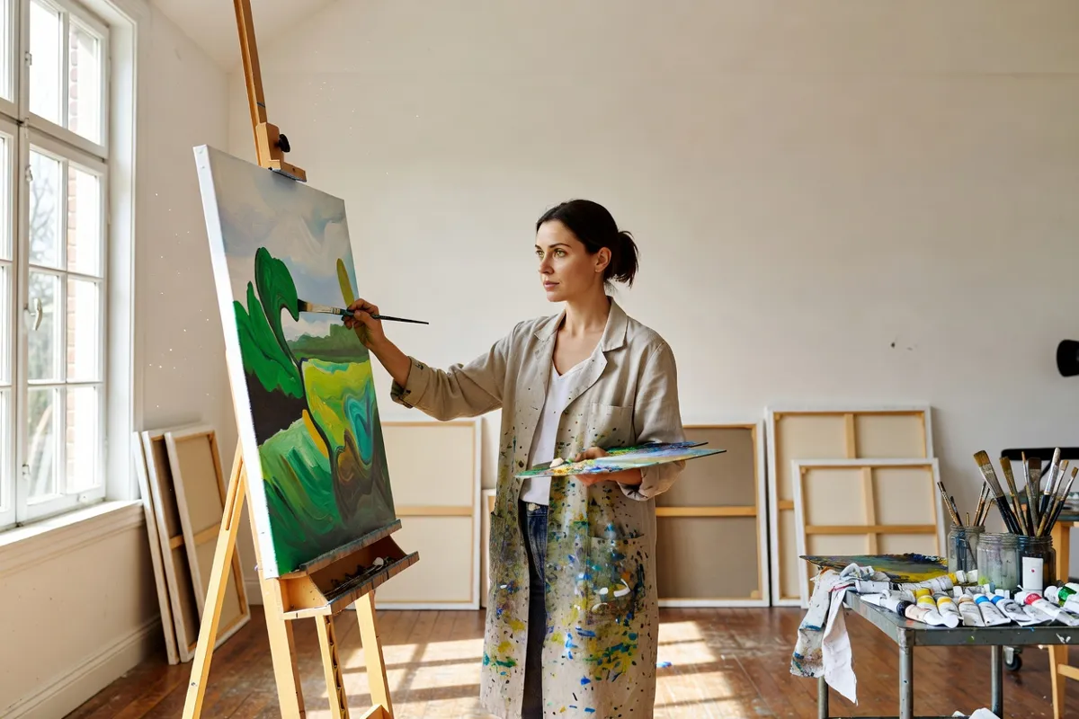 Peintre dans un atelier lumineux devant une grande toile