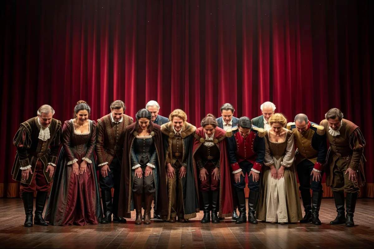 Comédiens en costumes saluant devant un rideau rouge sur une scène de théâtre