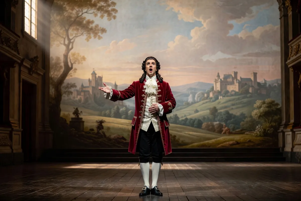 Chanteur d'opéra en costume historique sur une scène au décor peint