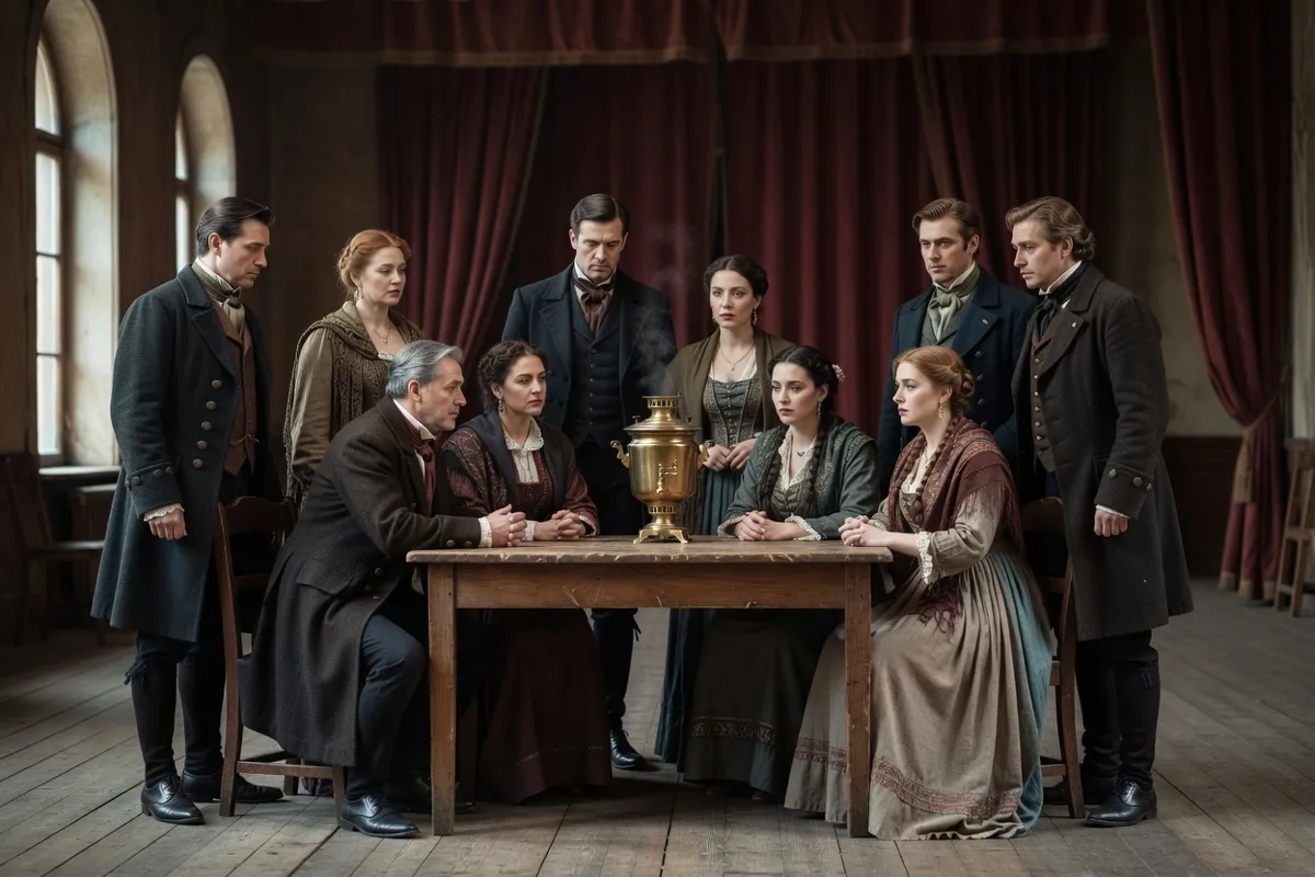 Comédiens en costumes du XIXe siècle autour d'un samovar sur une scène de théâtre