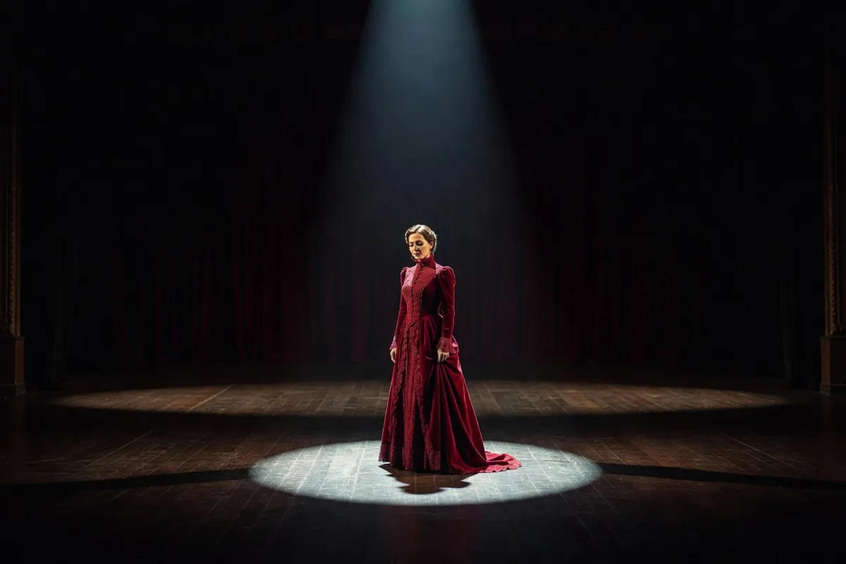 Comédienne en robe d'époque seule sur une scène sombre sous un projecteur