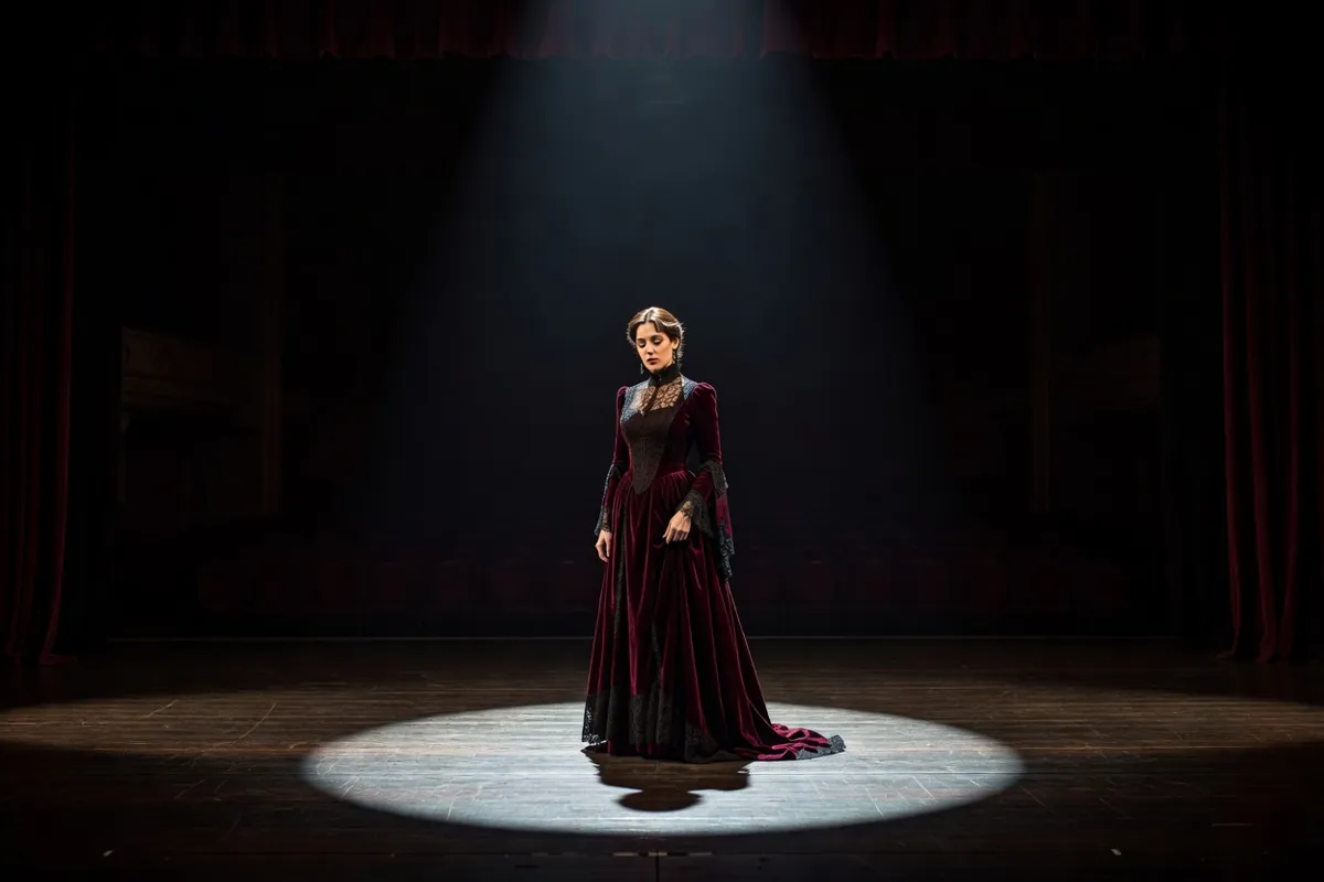 Comédienne en robe d'époque seule sur une scène sombre sous un projecteur