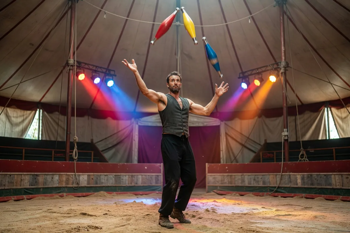 Jongleur sur la piste d'un cirque aux lumières colorées