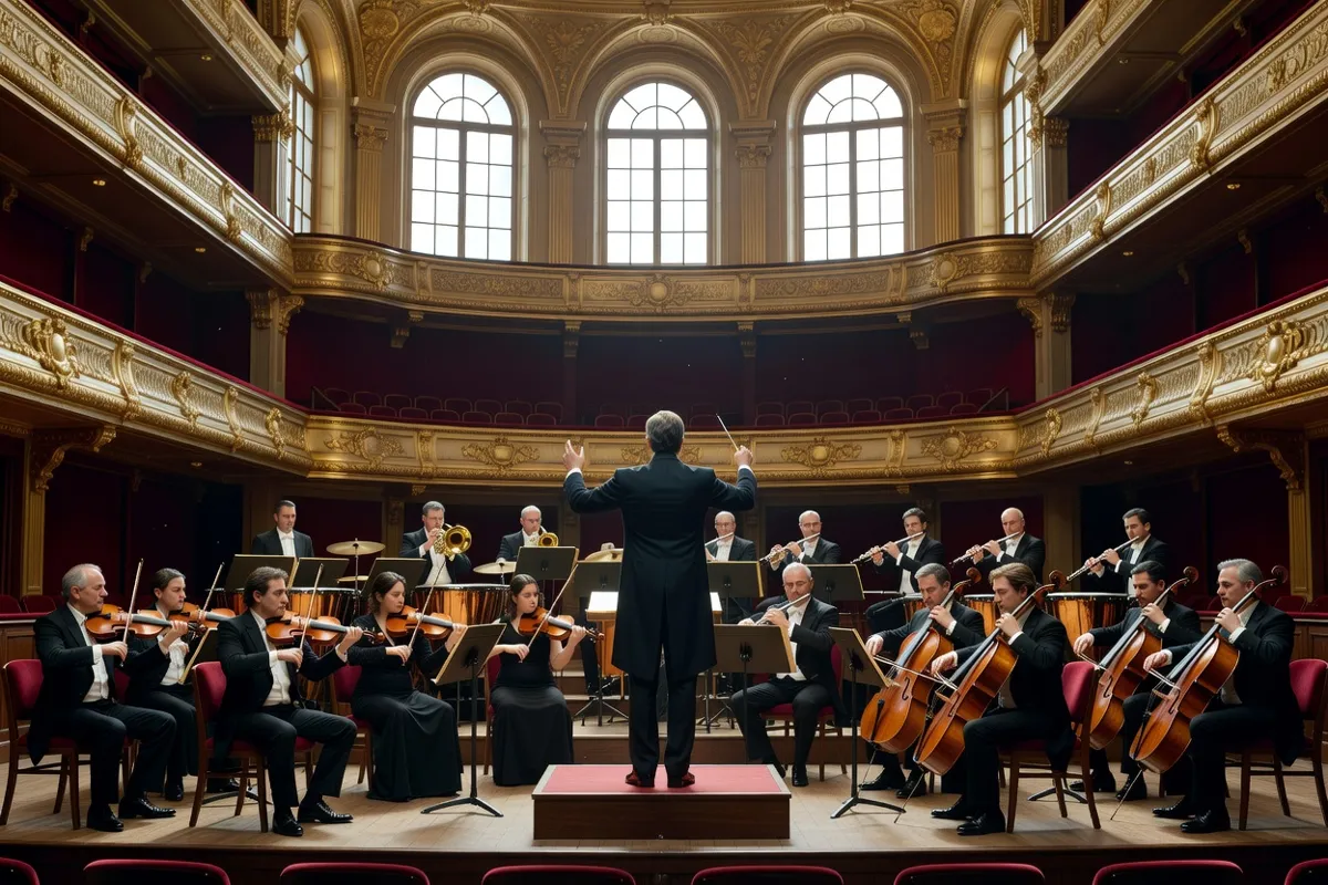 Orchestre symphonique dirigé par un chef vu de dos dans une salle de concert aux balcons dorés