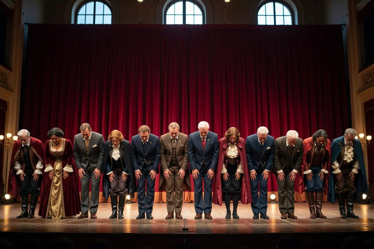 Comédiens en costumes saluant devant un rideau rouge sur une scène de théâtre