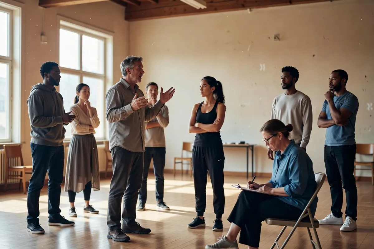 Comédiens en répétition dans une salle claire avec un metteur en scène prenant des notes