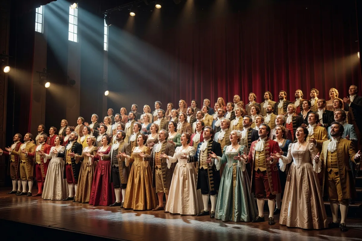 Chœur d'opéra en costumes d'époque sur une grande scène éclairée de façon dramatique