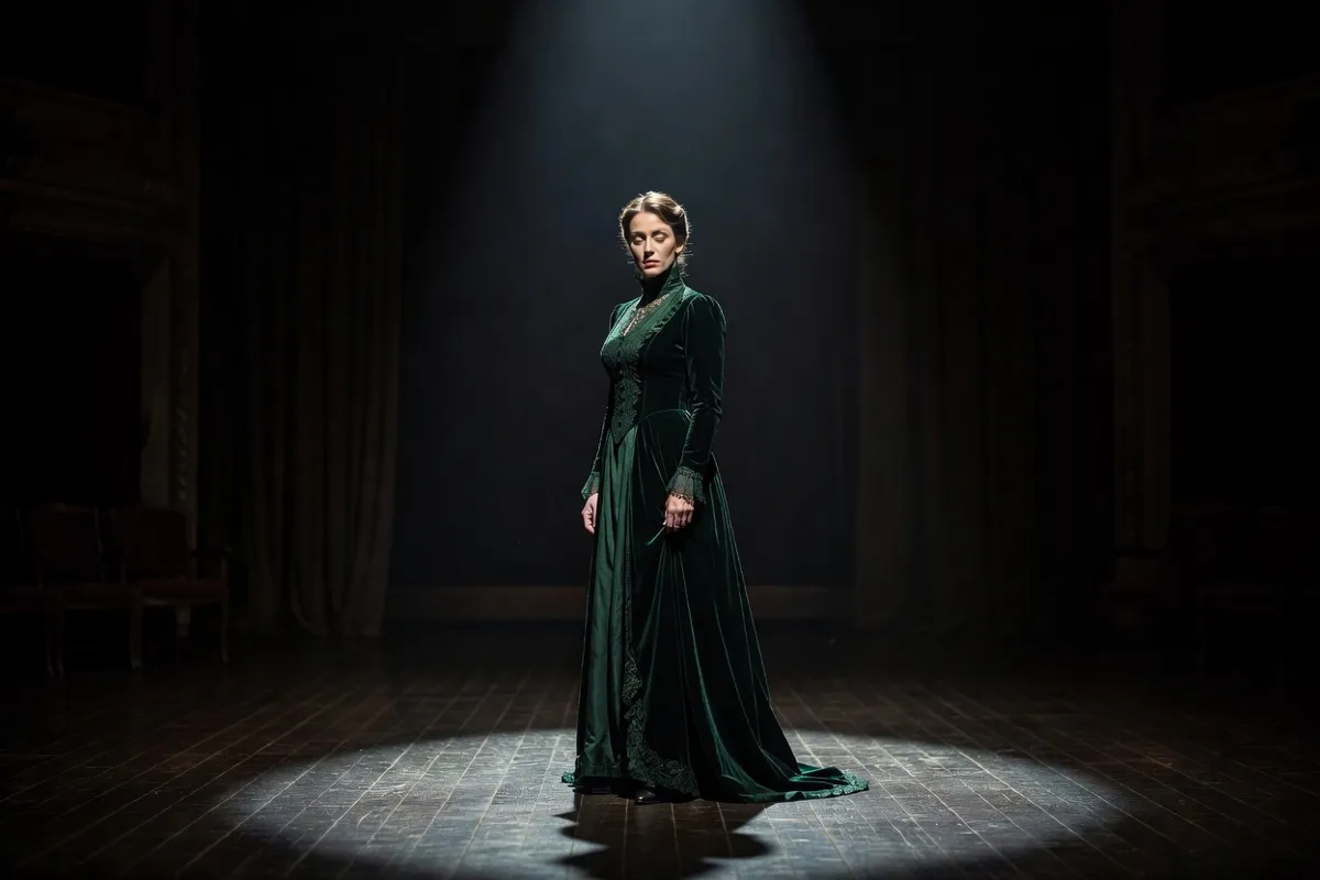 Comédienne en robe d'époque seule sur une scène sombre sous un projecteur