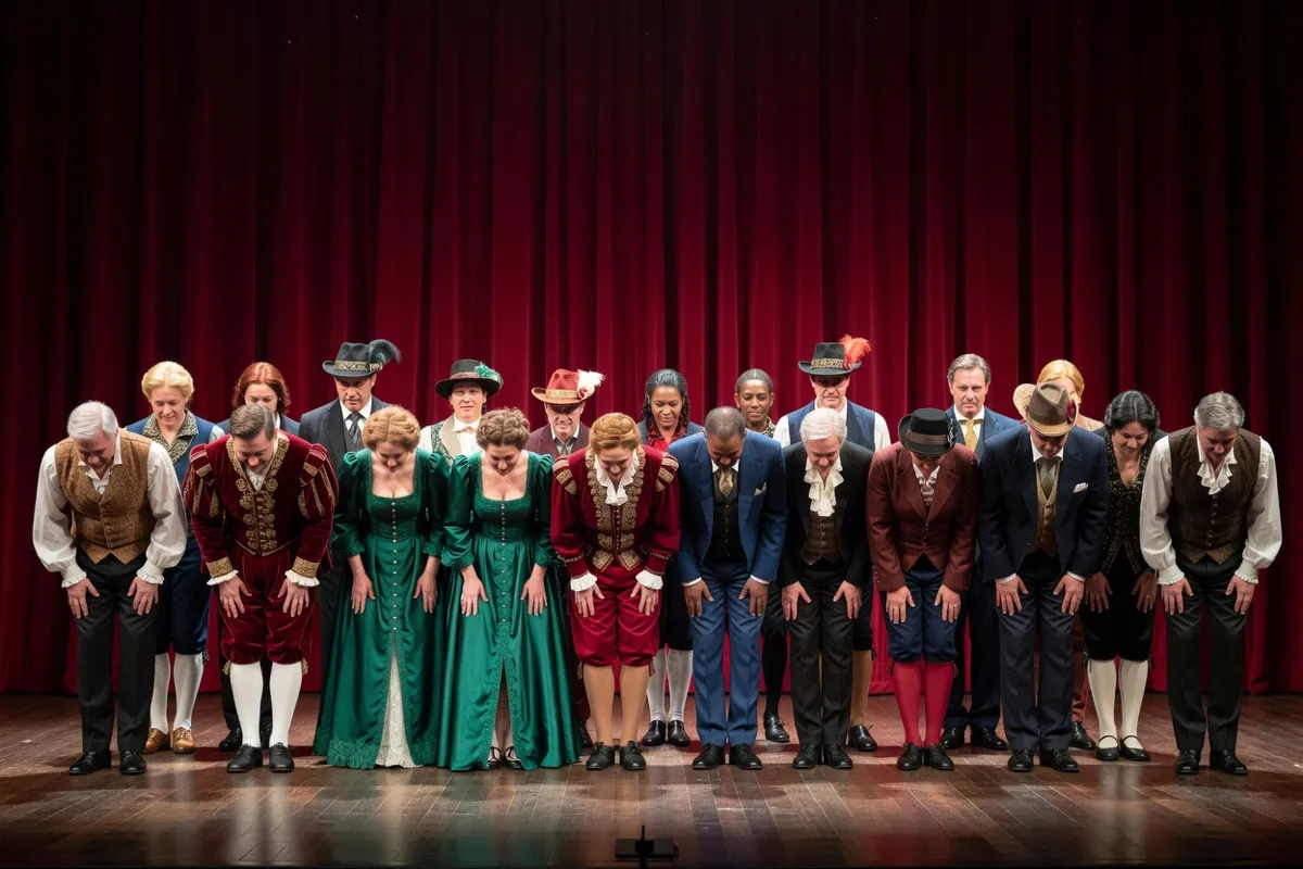 Comédiens en costumes saluant devant un rideau rouge sur une scène de théâtre