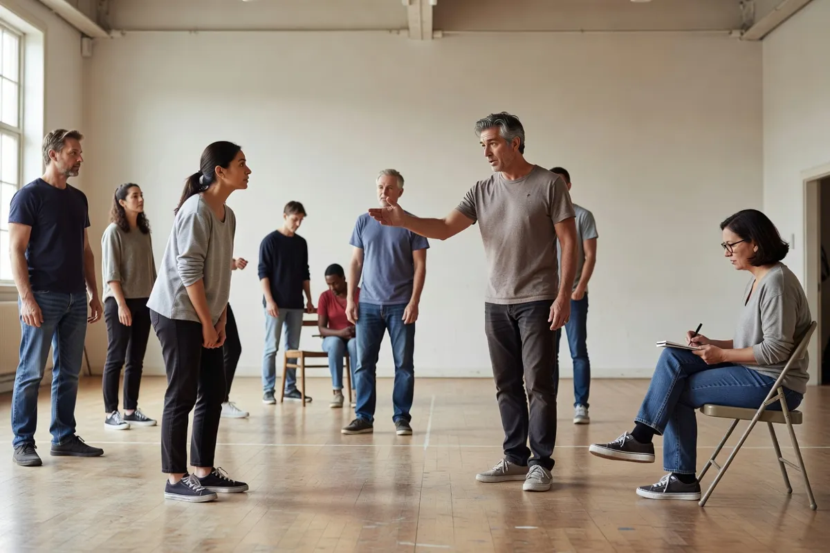 Comédiens en répétition dans une salle claire avec un metteur en scène prenant des notes