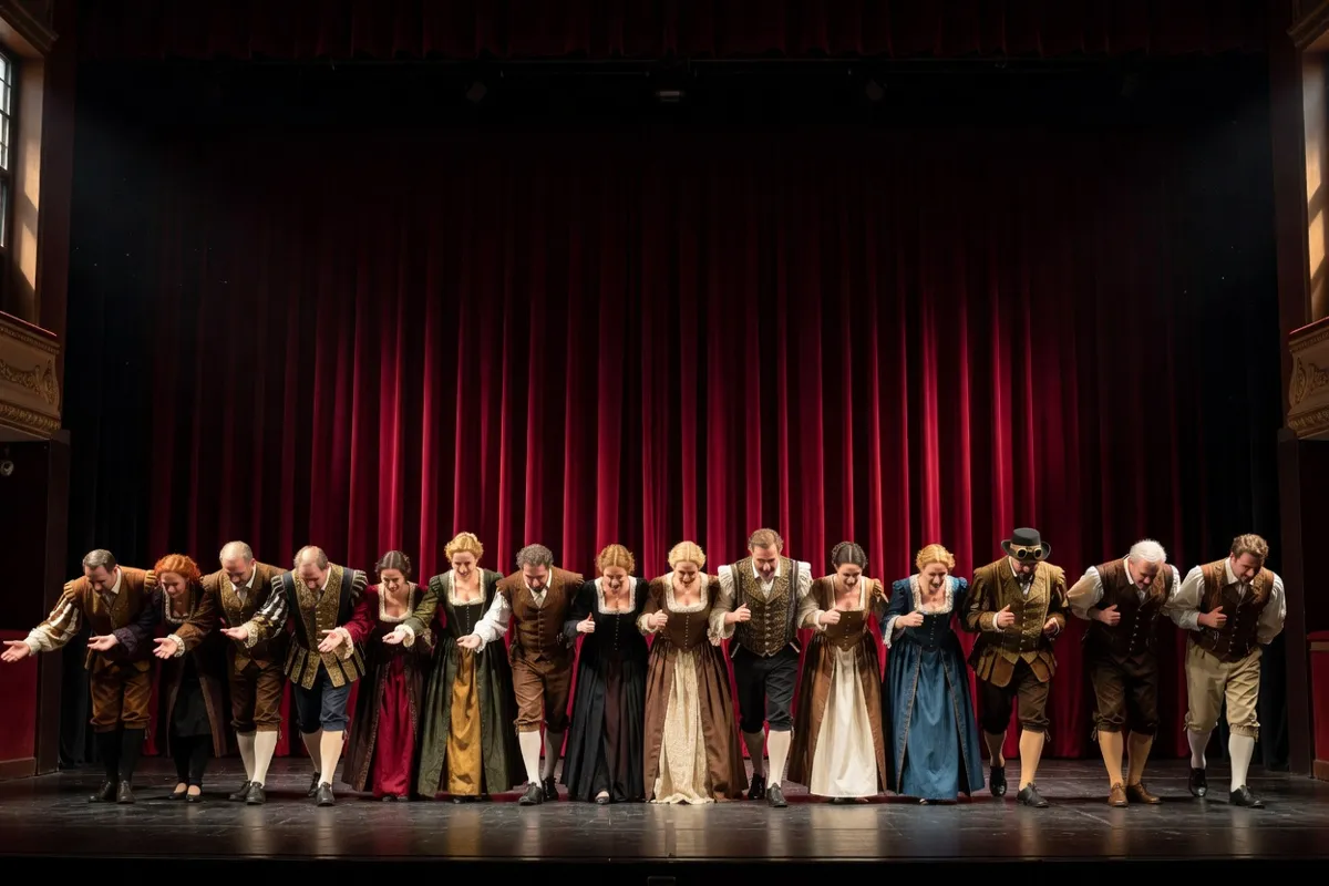 Comédiens en costumes saluant devant un rideau rouge sur une scène de théâtre