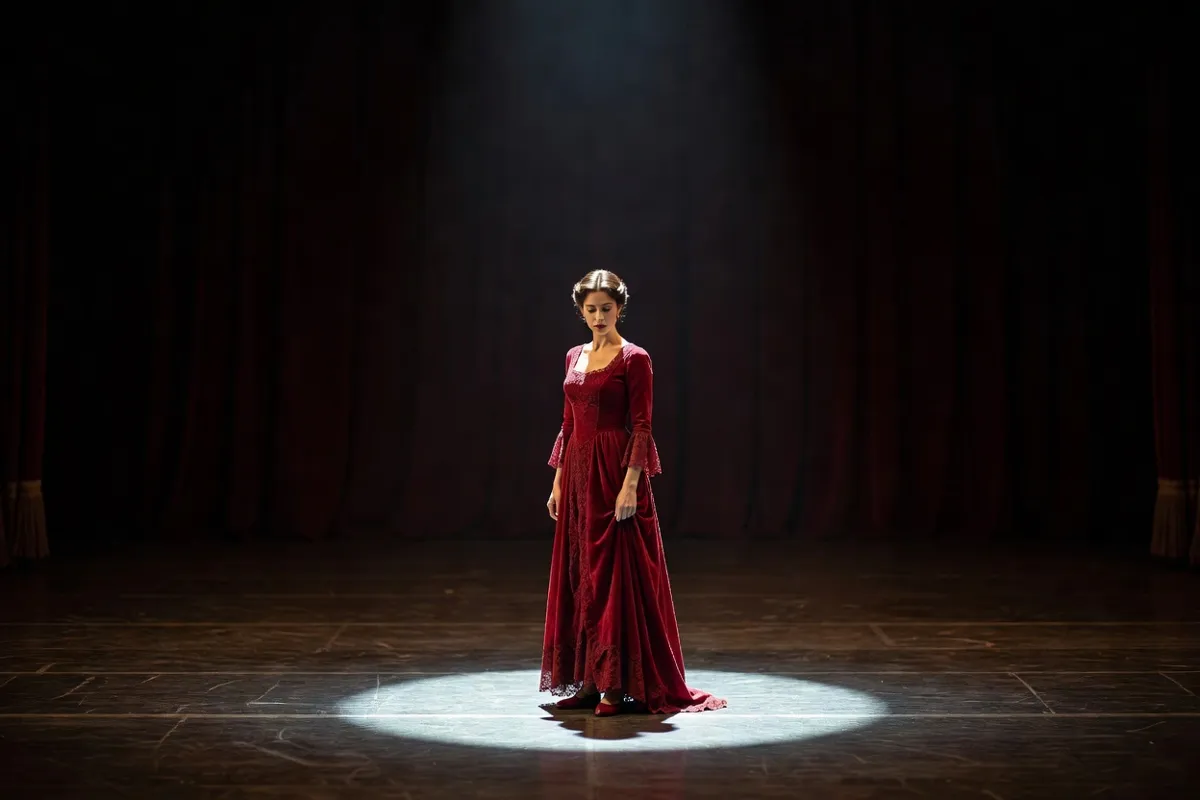 Comédienne en robe d'époque seule sur une scène sombre sous un projecteur