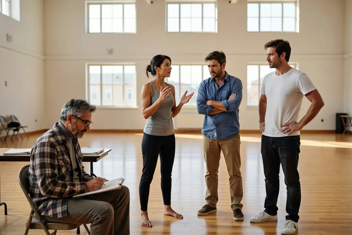Comédiens en répétition dans une salle claire avec un metteur en scène prenant des notes
