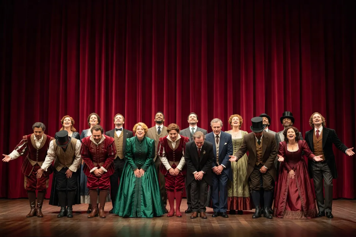 Comédiens en costumes saluant devant un rideau rouge sur une scène de théâtre