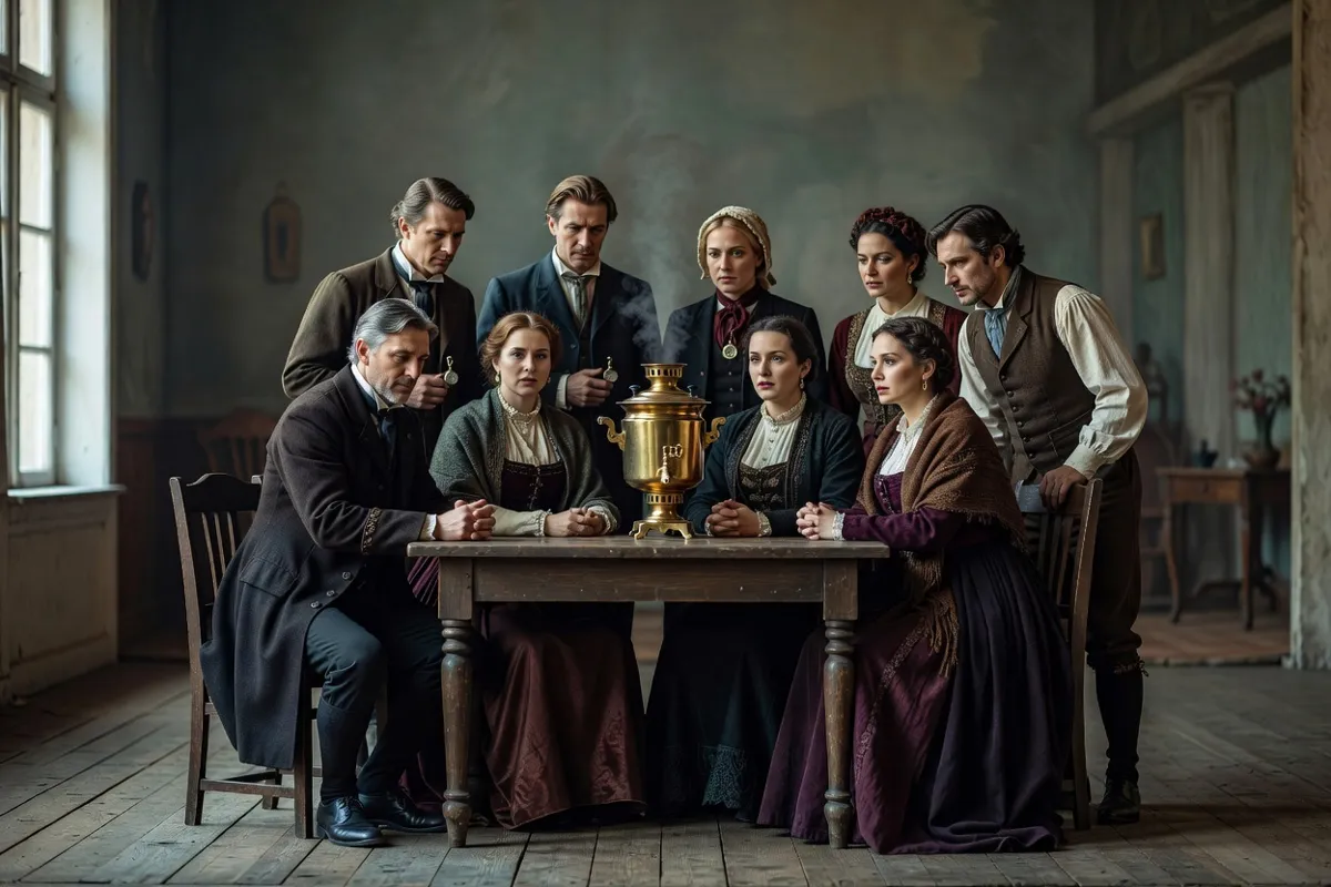 Comédiens en costumes du XIXe siècle autour d'un samovar sur une scène de théâtre