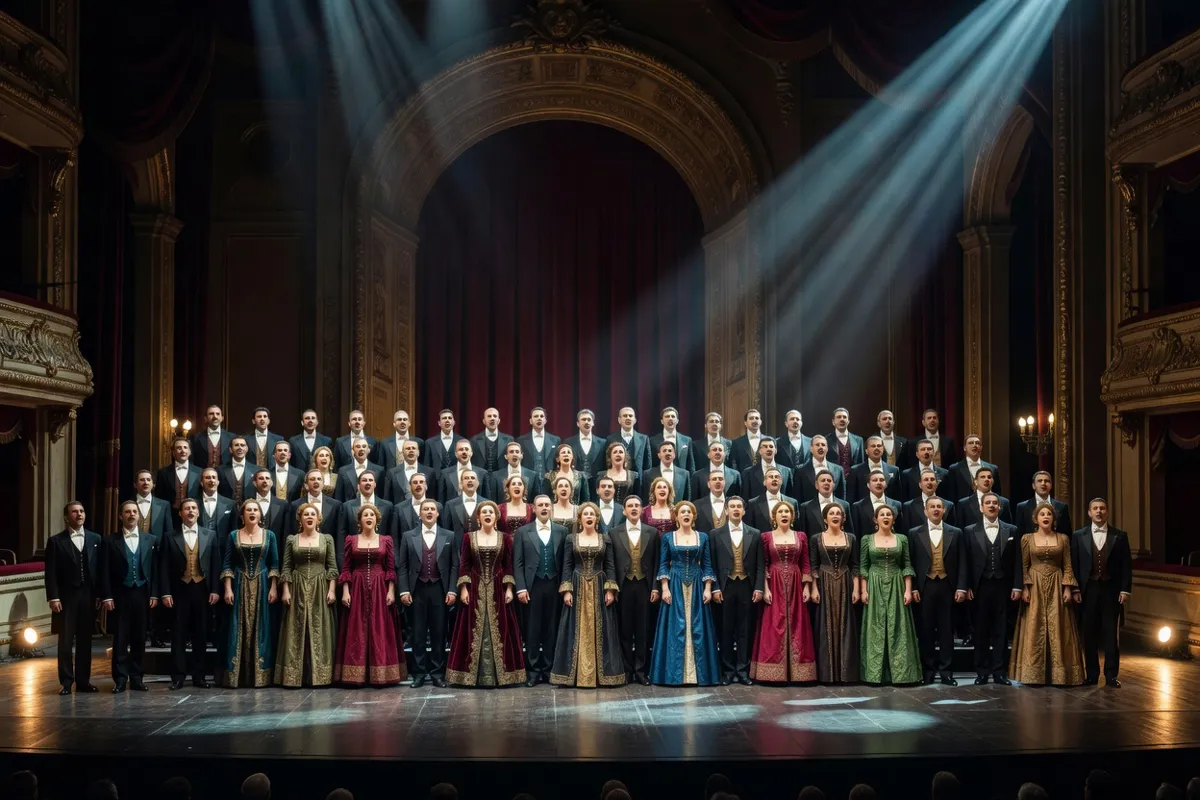 Chœur d'opéra en costumes d'époque sur une grande scène éclairée de façon dramatique