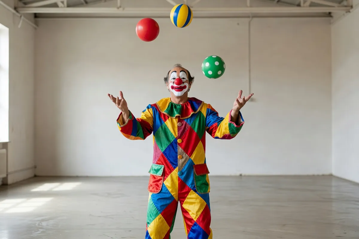Clown en costume coloré jonglant dans une salle simple