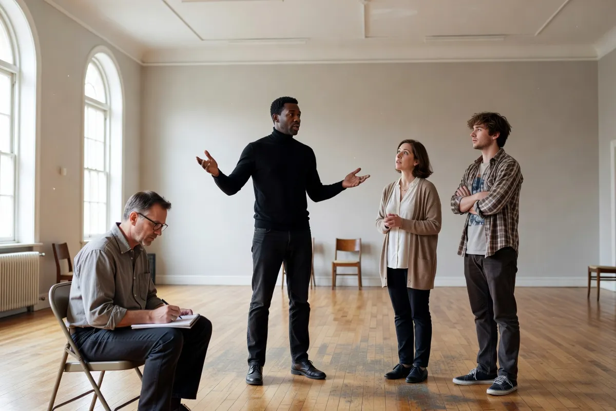 Comédiens en répétition dans une salle claire avec un metteur en scène prenant des notes