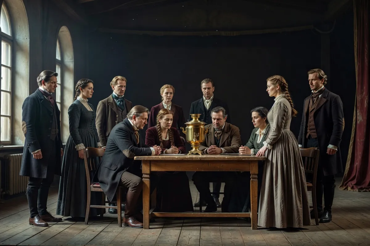Comédiens en costumes du XIXe siècle autour d'un samovar sur une scène de théâtre