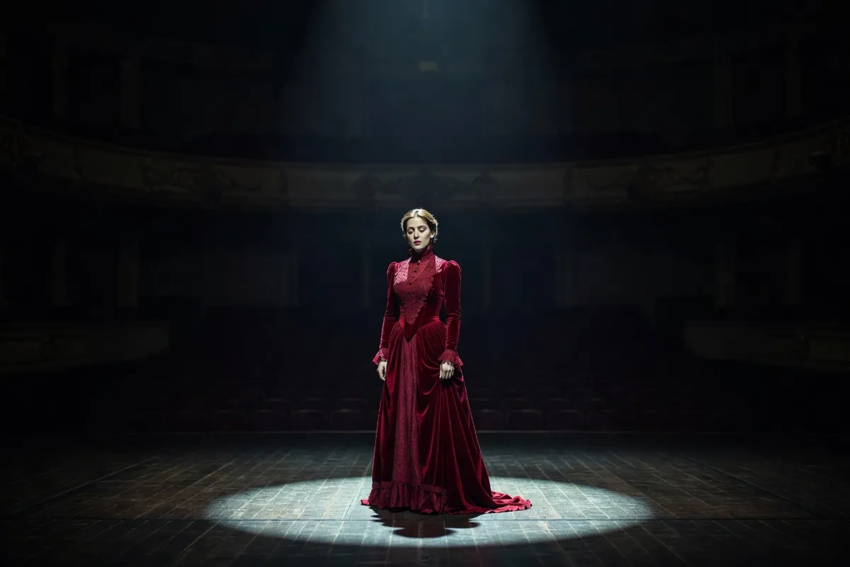Comédienne en robe d'époque seule sur une scène sombre sous un projecteur