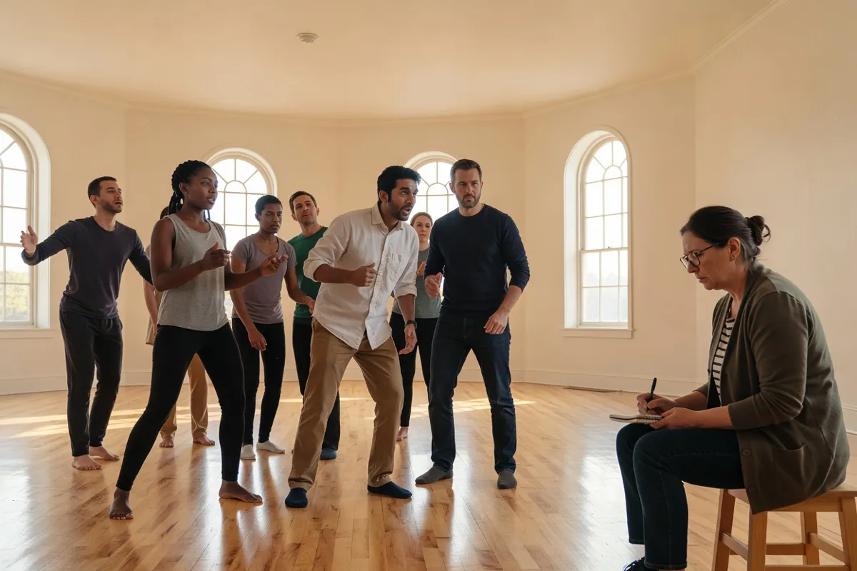 Comédiens en répétition dans une salle claire avec un metteur en scène prenant des notes