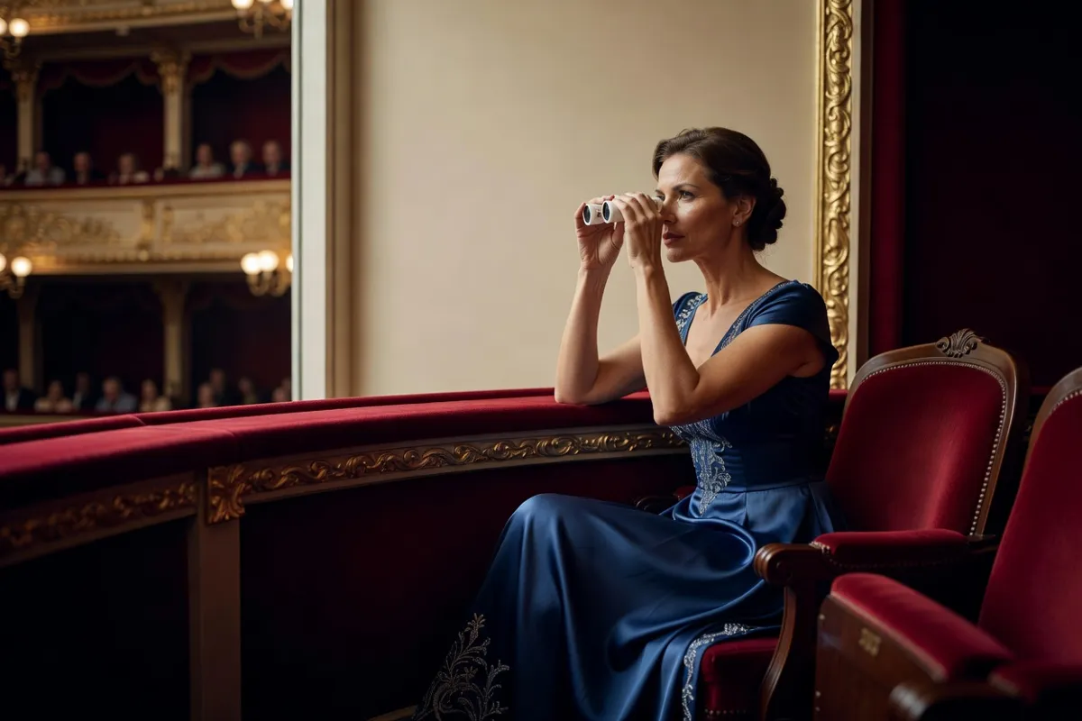 Spectatrice en robe de soirée regardant un opéra depuis une loge avec des jumelles