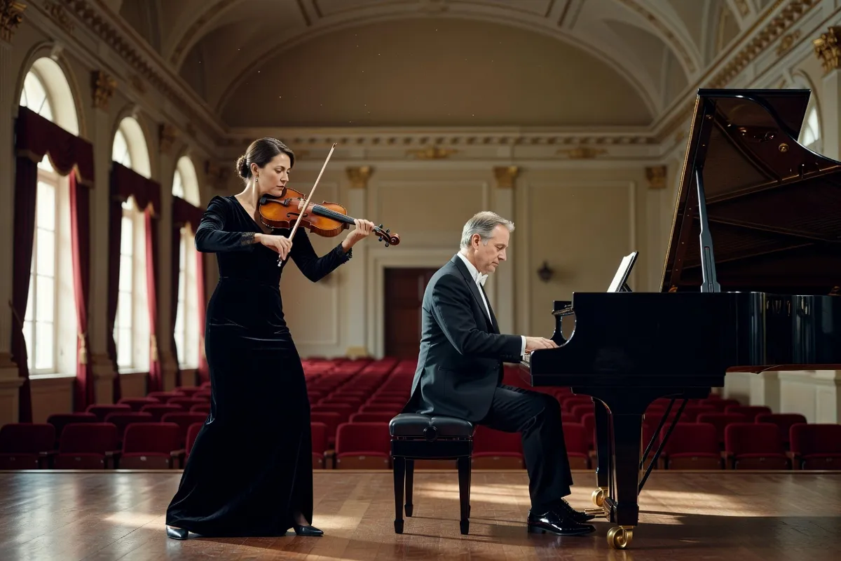 Violoniste et pianiste en duo dans une salle de récital