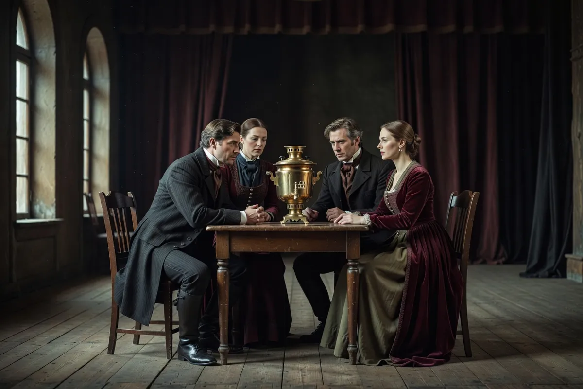 Comédiens en costumes du XIXe siècle autour d'un samovar sur une scène de théâtre