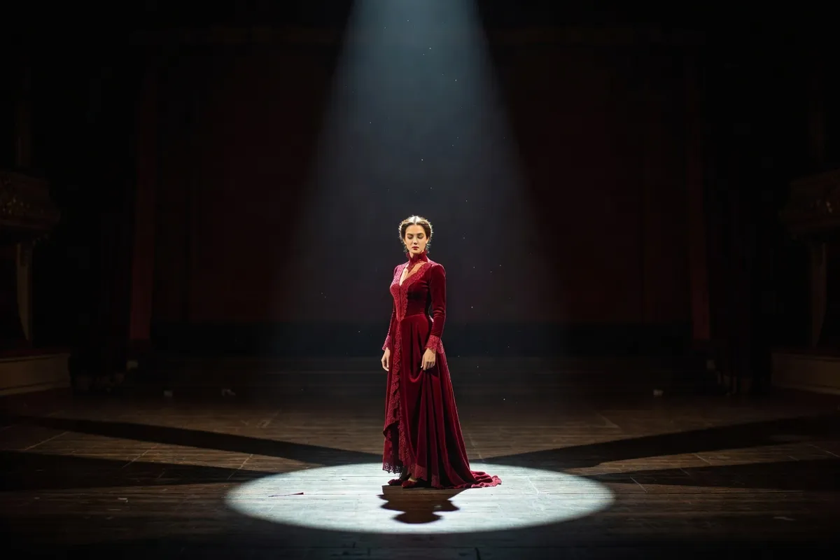 Comédienne en robe d'époque seule sur une scène sombre sous un projecteur
