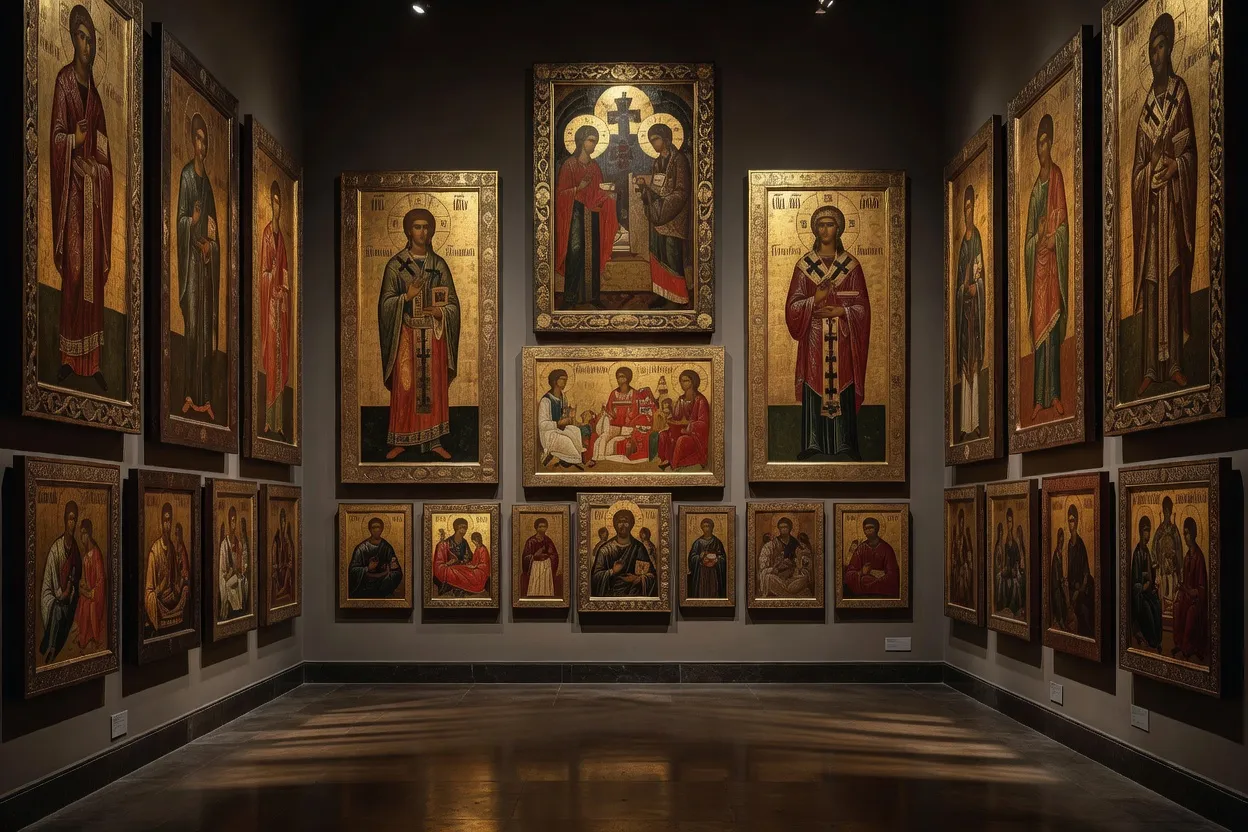 Icônes anciennes de l'école de Novgorod exposées dans une salle de musée à l'éclairage tamisé