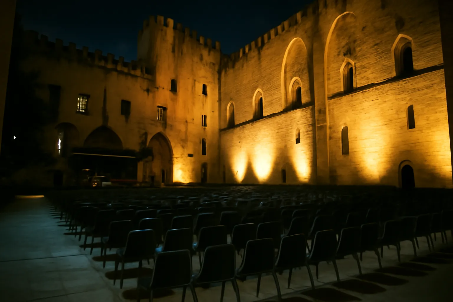 Cour de pierre d'un palais médiéval éclairée la nuit, face à des rangées de sièges vides