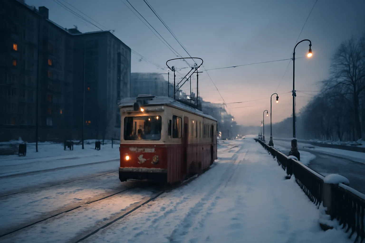 Rue enneigée de Leningrad à la fin des années 1970, avec un tramway et des immeubles gris