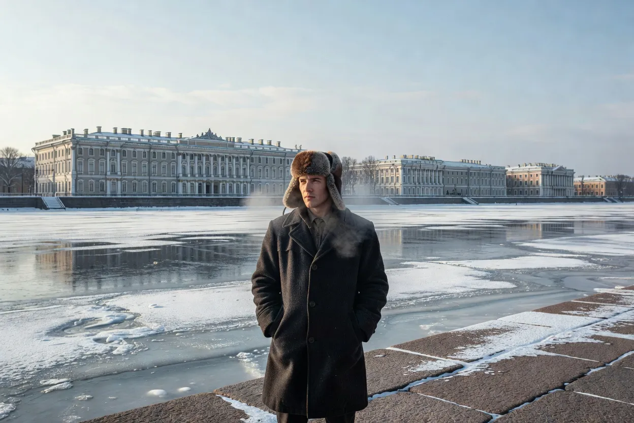 Jeune homme en manteau et chapka sur le quai d'un fleuve gelé devant un palais classique