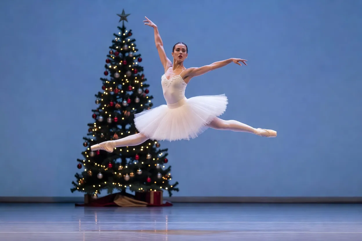 Danseuse en tutu blanc en plein saut sur une scène éclairée de bleu, devant un sapin lumineux