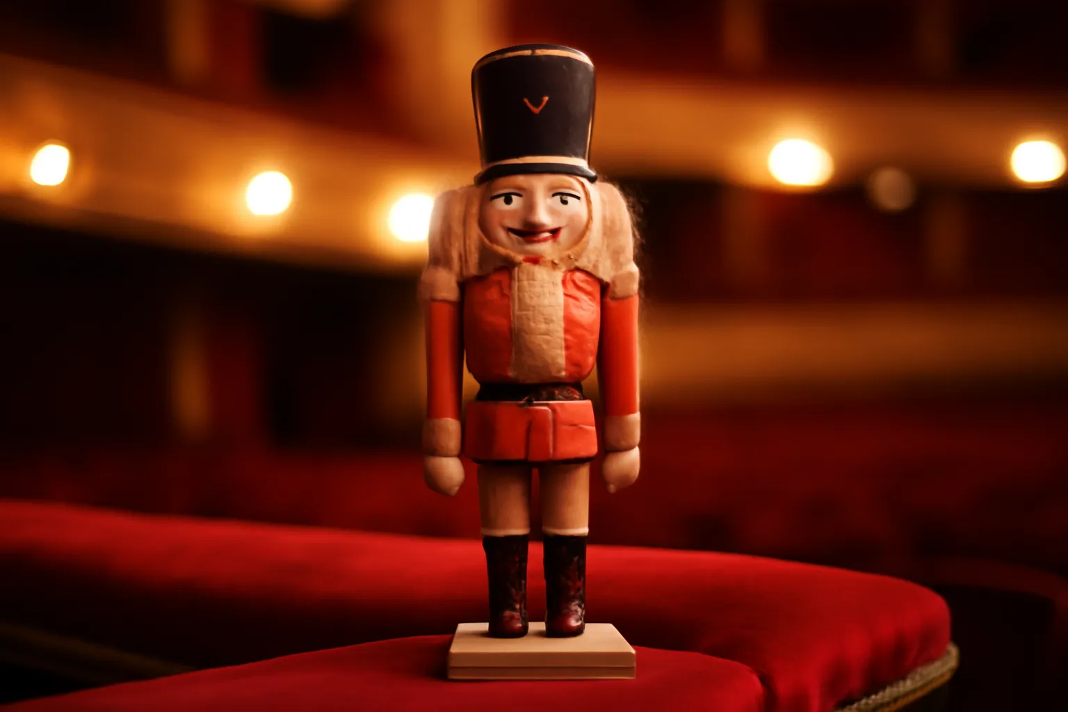 Casse-noisette en bois en habit rouge posé sur le velours d'une loge de théâtre