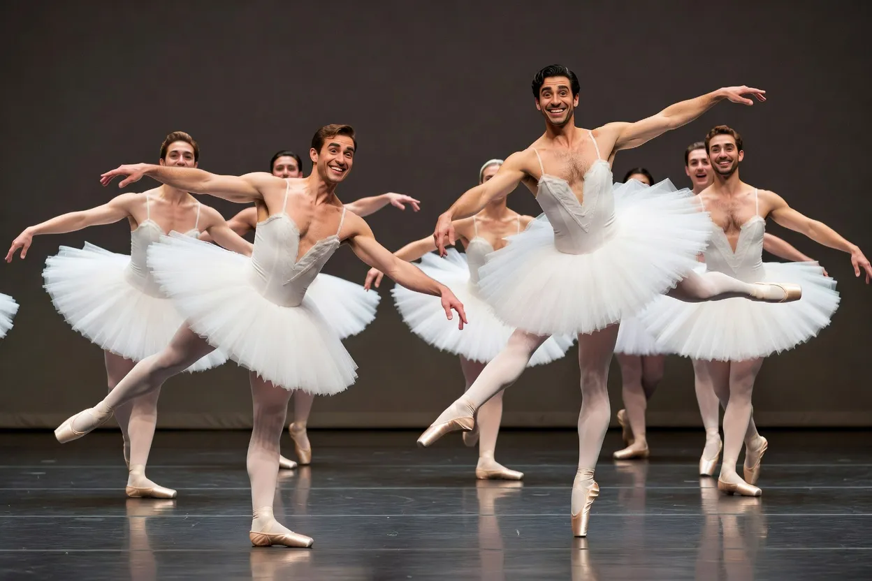 Danseurs en tutus blancs et chaussons de pointe dans une parodie humoristique de ballet classique